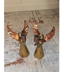 2 Vtg MCM Artisan Made Praying Cherub Angels Taper Candle Holders Mixed Metals